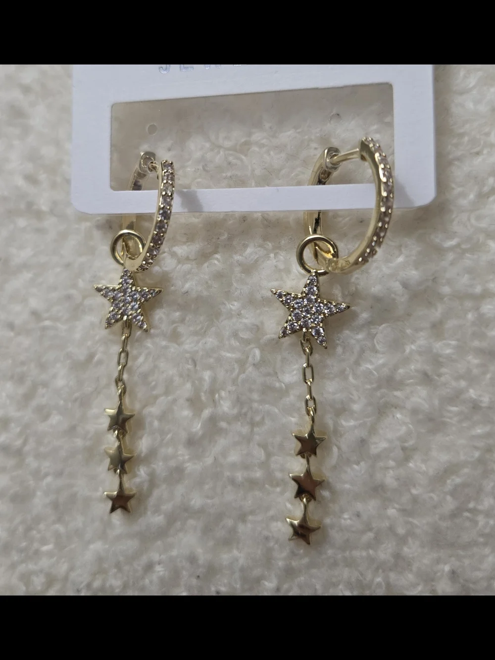 Gold Star Drop Hoop Earrings with Pave CZ Stars